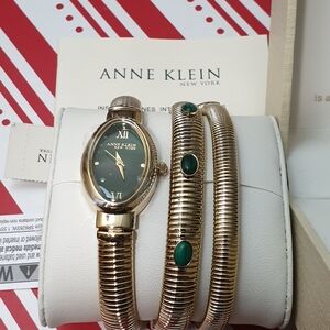 Anne Klein Gold and Green Jewelry Watch Set